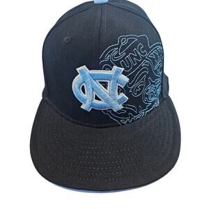 Vtg North Carolina Tar Heels Fitted Hat Cap Black Flat Bill UNC Embroidered OSFA